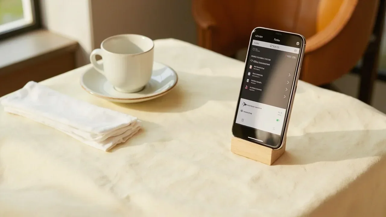 A phone displaying the playnow app interface with a tablet showing the practice table on a wooden desk.
