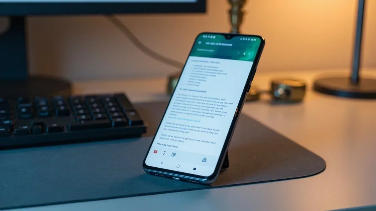 A phone displaying an APK download prompt with a printed verify-before-sideload checklist beside it.