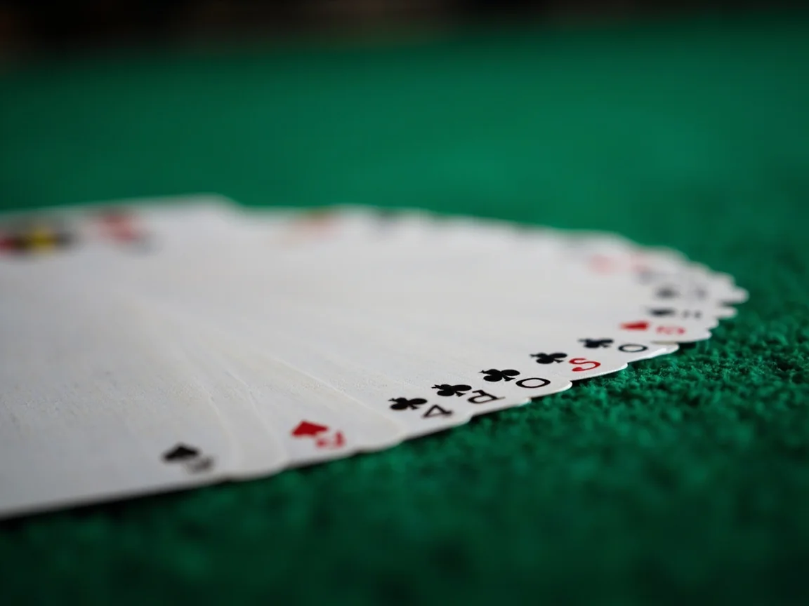 A deck of cards being dealt on green felt, a deals rummy hand in progress.