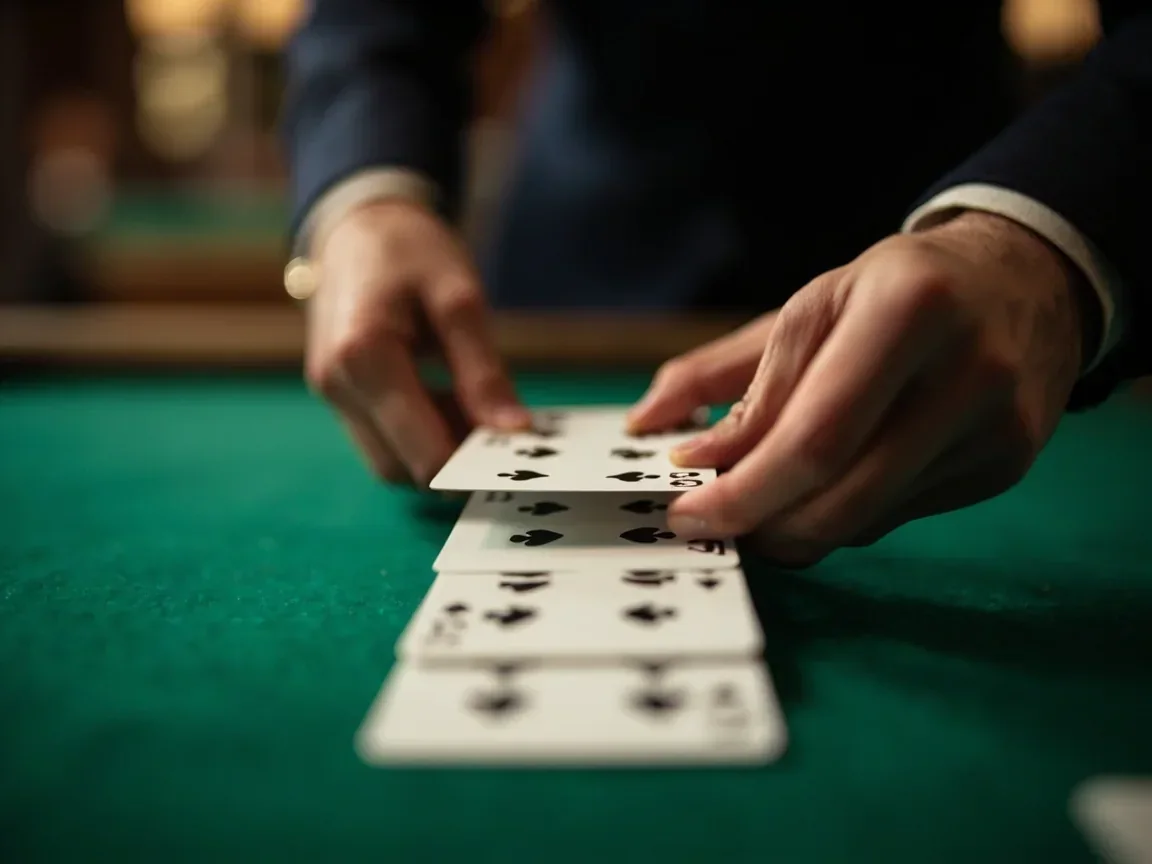 Two players across a wooden rummy table with a points board on the side.
