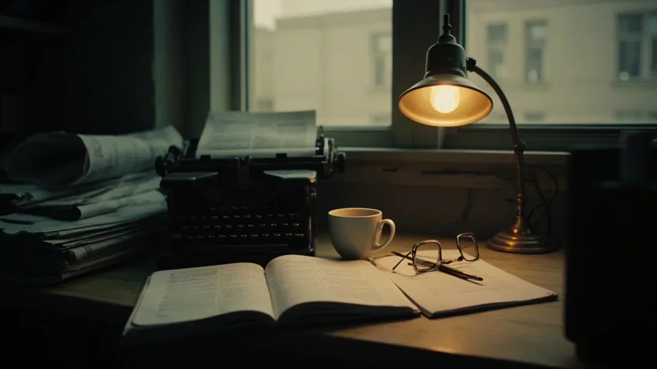 An editorial desk at dawn with printed news clippings, a notepad and a desk lamp casting warm light.