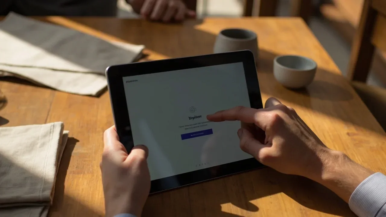 A wide editorial shot of the playnow landing interface on a laptop screen with a teacup and printed help pages on the side.