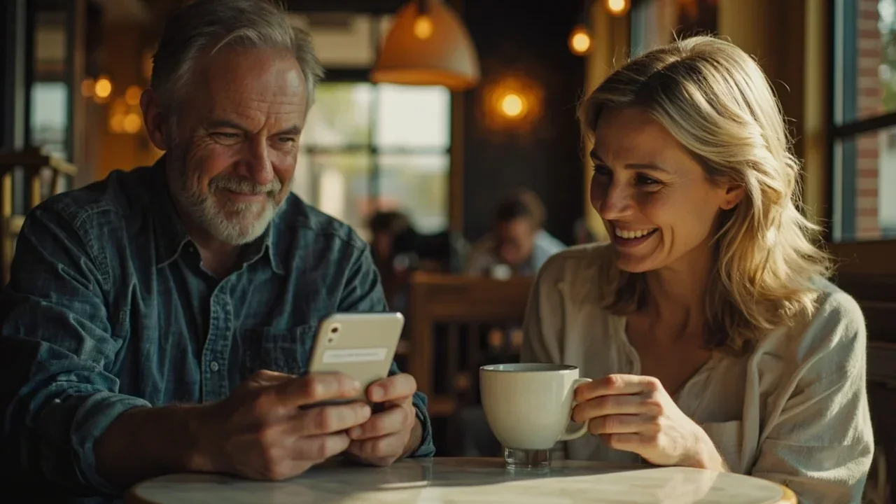 Two friends at a café table with a phone showing a referral screen and a printed mechanic notes page beside them.