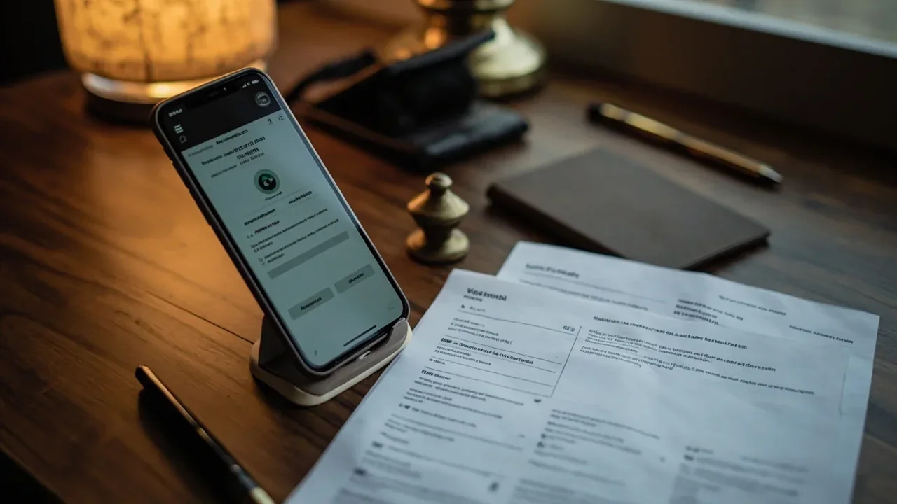 A phone on a wooden desk displaying a KYC verification screen and a wallet settings panel.